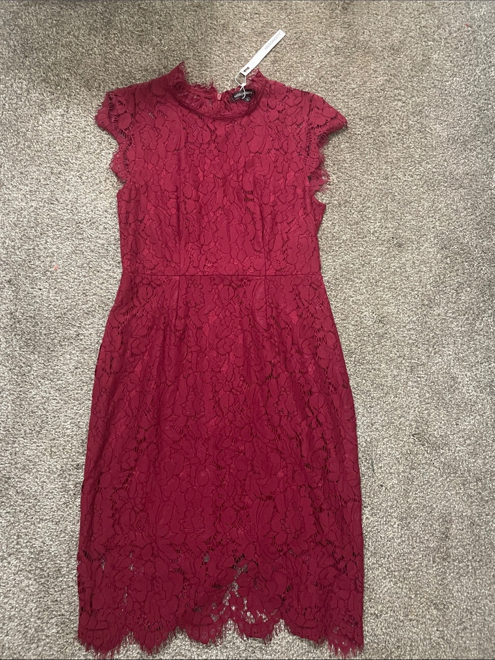NWT Women's Burgundy Lace Midi Dress with Scalloped Hem